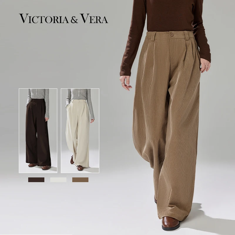 Women's High Waist Corduroy Wide Leg Pants, Pleated Front Loose Trousers With Elastic Back Waist, Casual Office Full Length Slac