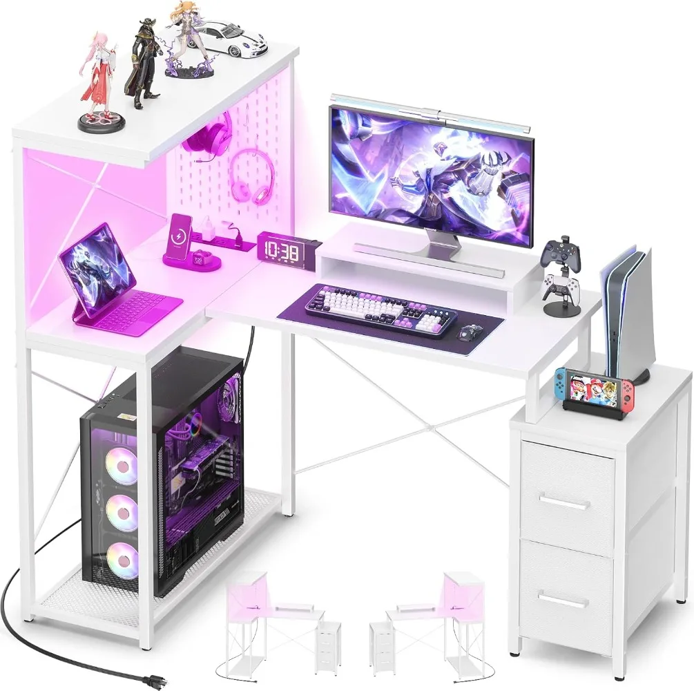 L Shaped Gaming Desk with 2 Fabric Drawers - Reversible Computer Desk with Power Outlet & LED Lights