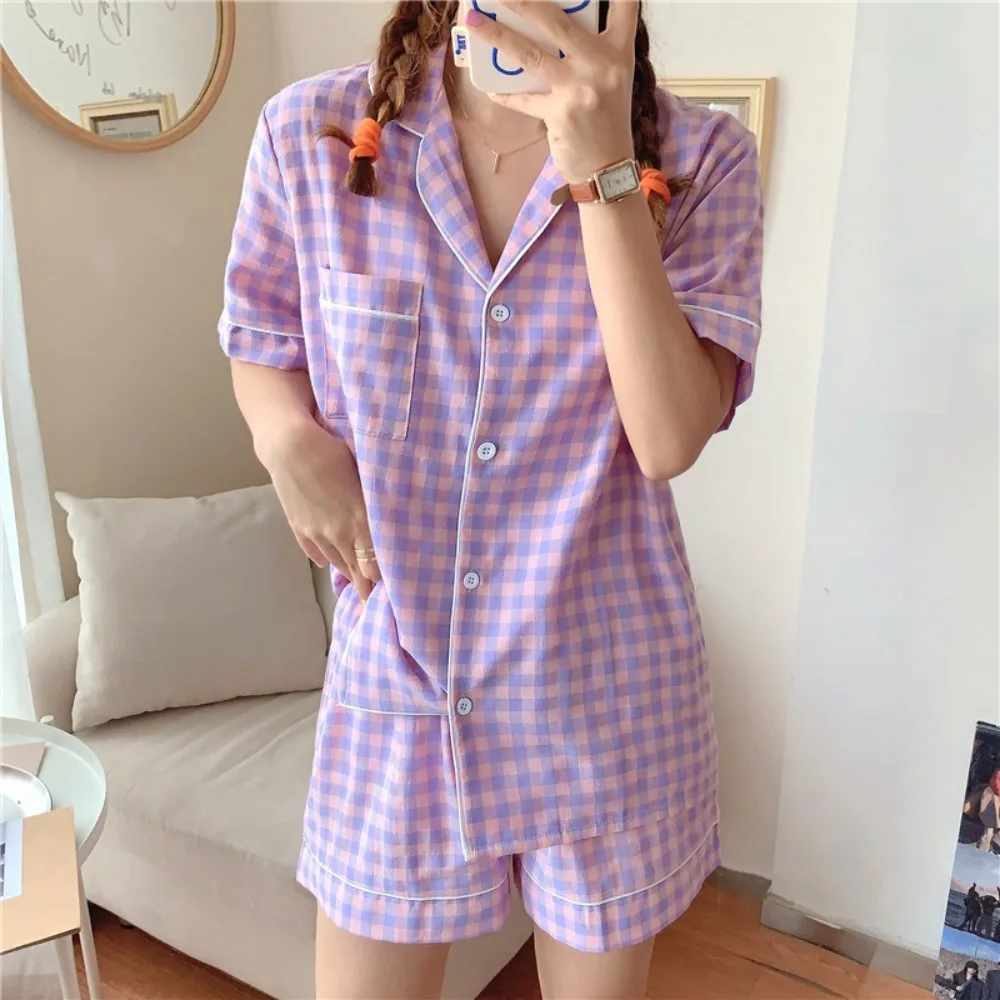 

Fashion Candy Color Short Sleeve Pajamas Loose Stripe T-shirt Shorts Nightwear Casual Homewear Plaid Sleepwear Set Girl