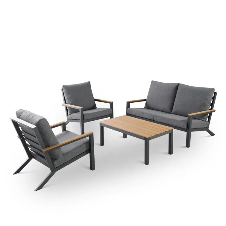 #Modern Outdoor Patio Furniture Set Black Aluminum Frame Light Gray Cushions with Coffee Table for Garden Backyard Poolside