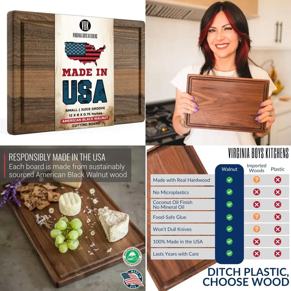 

Sustainable Hardwood 8x12 Inch Walnut Cutting Board for Kitchen Use - Made in USA, Durable Butcher Block Surface