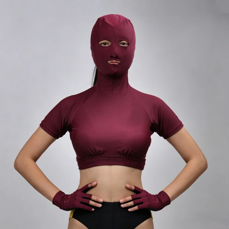 

Women Top Hooded Sunscreen Swim Wear Crop Tops Half Sleeve Blouse Full Face Mask Hood Open Design Halloween Role Play Costume