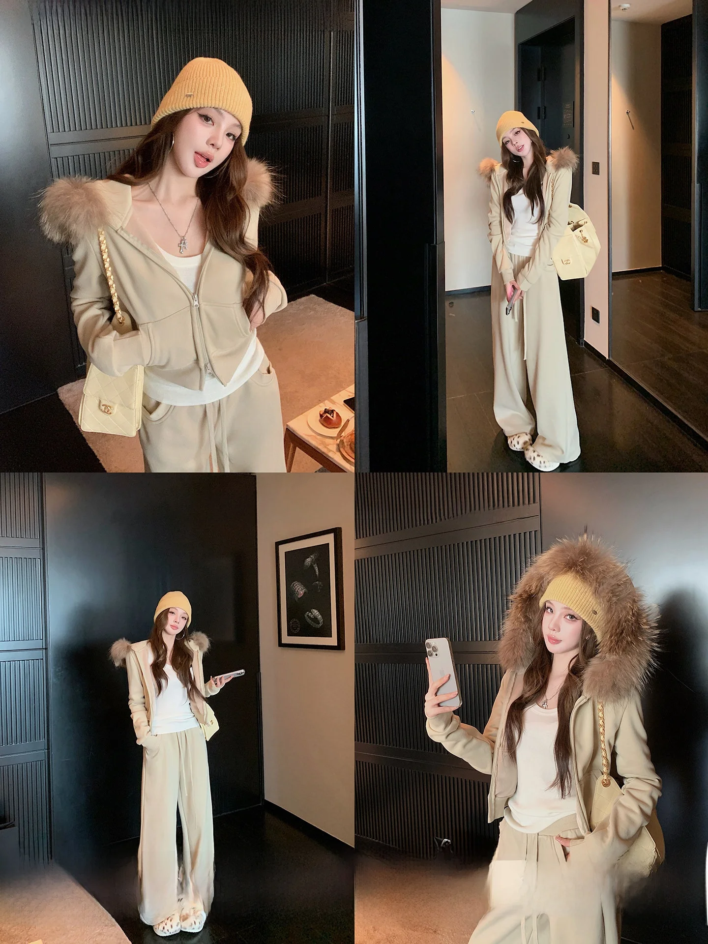 

Fleece Lined Hoodie And Pants Set Women's Casual Style Long Sleeve Thermal Winter Outfit with Fur Collar Two Piece Ensemble