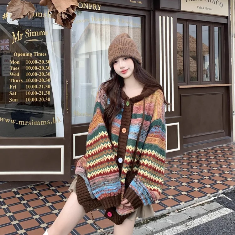 Womens Coat Spring Autumn Retro Striped Contrasting Loose Casual Knitted Cardigan Versatile Daily Fashion Sweet Temperament Wear