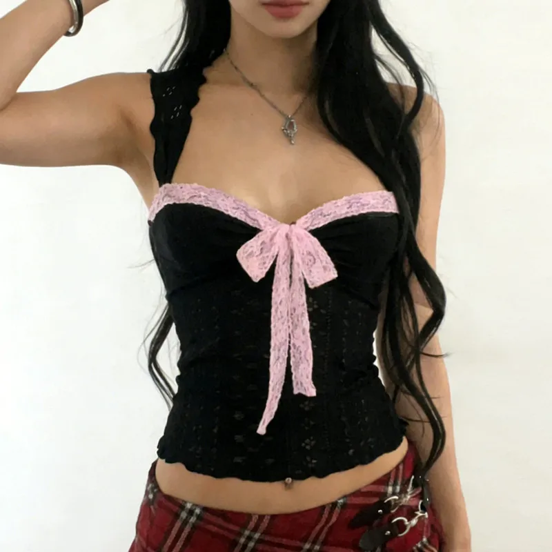 2026 New Vintage Dark E-girl Aesthetics Hollow Out Sleeveless Tops Gothic Techwear Y2K Lace Patchwork Bow Camis Slim Basic Vests
