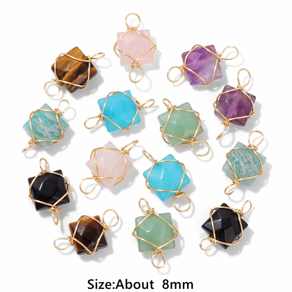 1PC Natural 8mm Square Faceted Stone Pendant Tiger Eye Rose Quartzs Healing Pendants Double Holes Wire Wrapped Charms for DIY