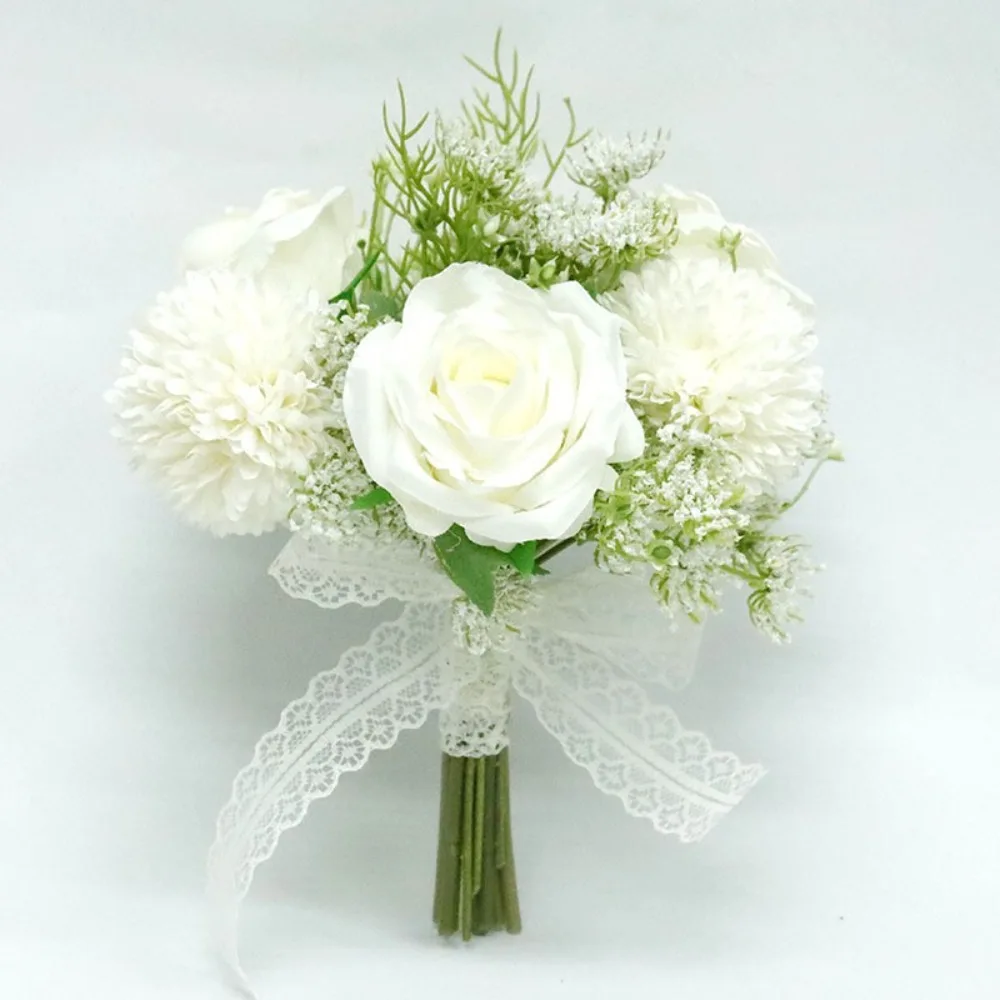 

Wedding Bouquets for Bride White Bridal Bridesmaid Wedding Flowers with Silk Ribbon Things for Wedding Artificial Toss Bouquet