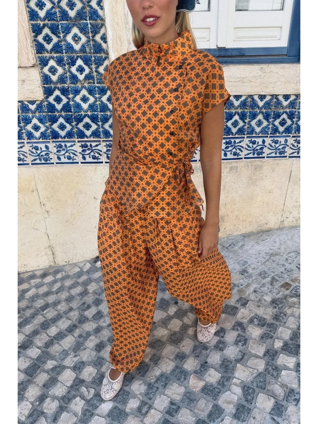 Women's Long Lantern Pants Short Sleeve Double-Collar Shirt Elastic Waist Pleated Pocket Regular-Length Fashion Set 2026 Autumn