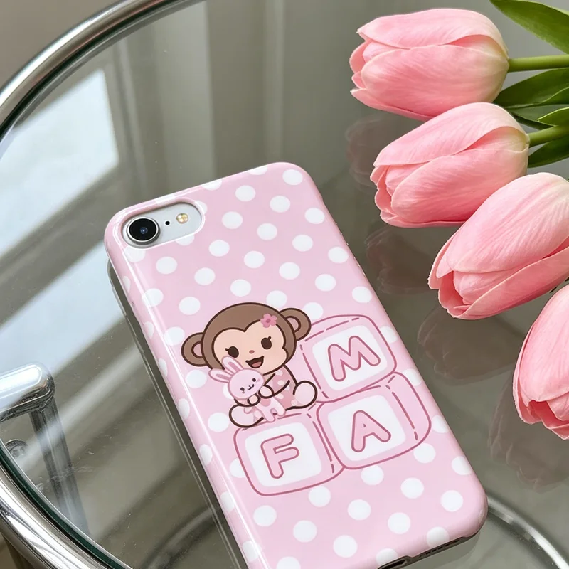 Korean Cartoon Sweet Pink Cute Little Monkey White Polka Dots Phone Case For iPhone 17 AIR 16 E 15 14 13 PRO MAX PLUS Cover - view 3
