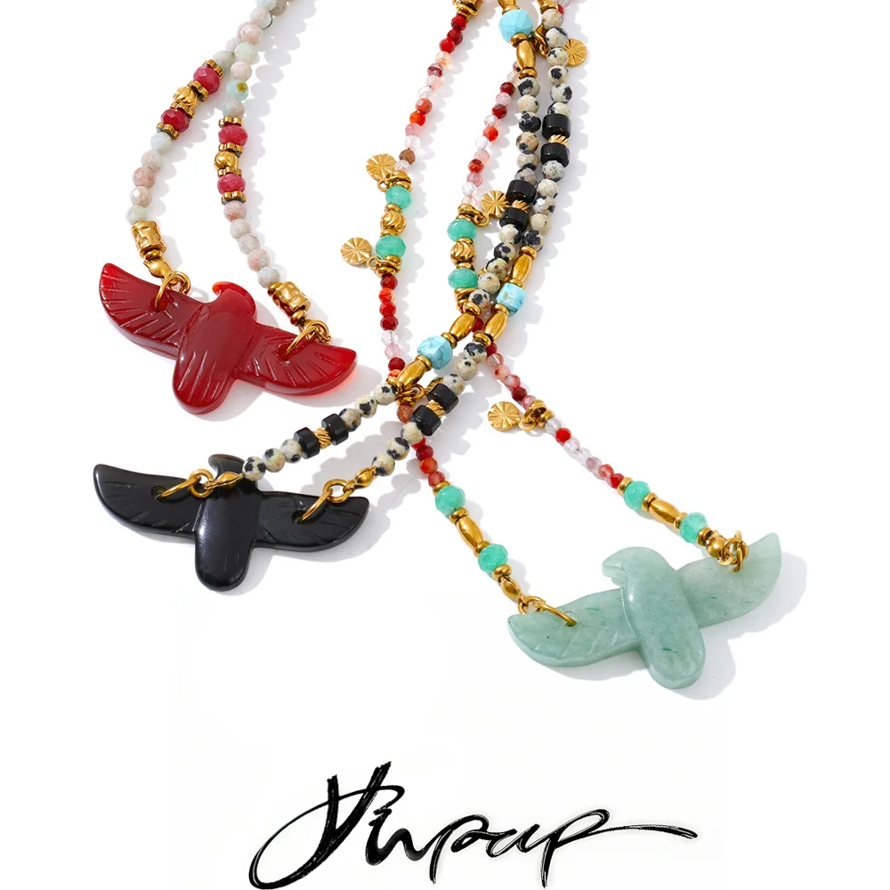 Yhpup Natural Aventurine Agate Stone Beads Chain Eagle Handmade Necklace Pendant High Quality Fashion Collar Jewelry