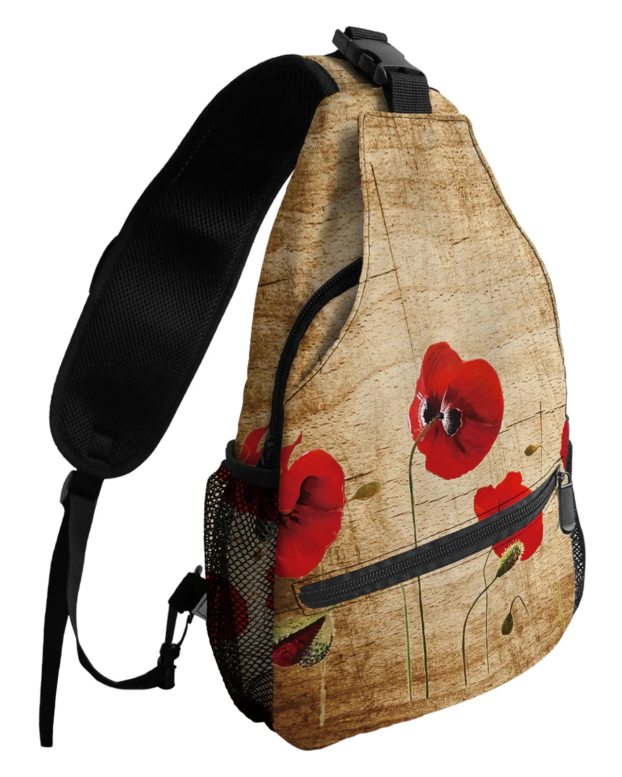 Red Poppy Flower Retro Chest Bag for Men Casual Sports Shoulder Bag Women's Travel Waterproof Messenger Bag