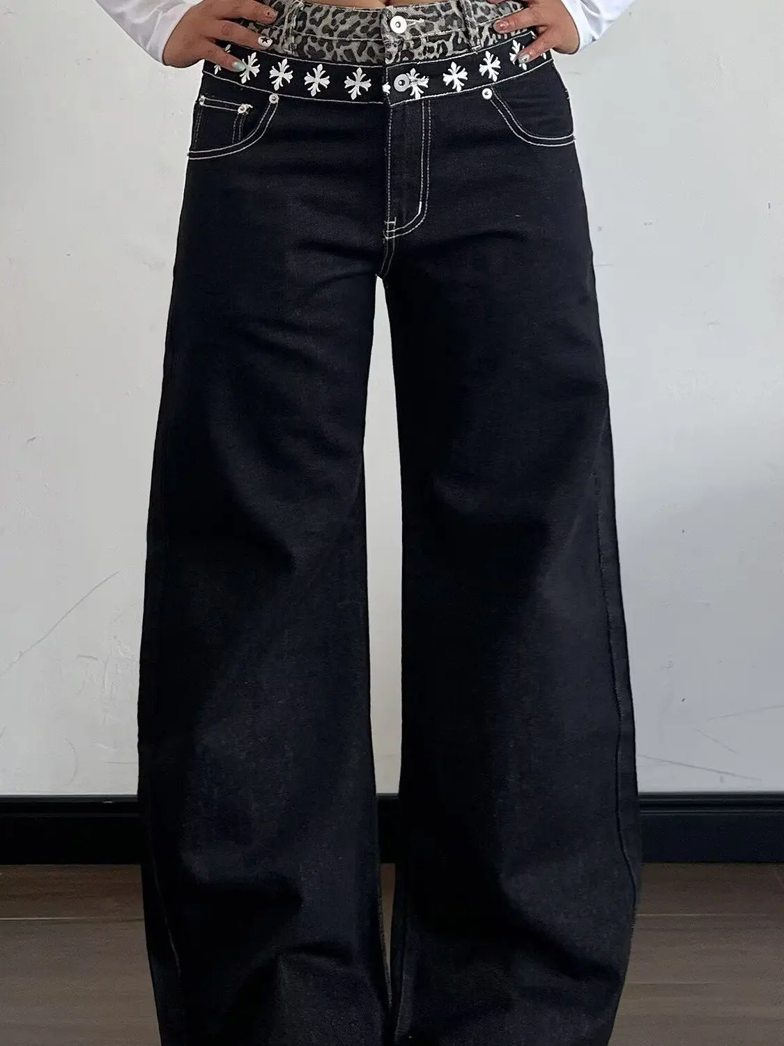American Leopard Print Double Waist Jeans Unisex Summer Small Design Straight Loose Cross Printed Wide Leg Pants