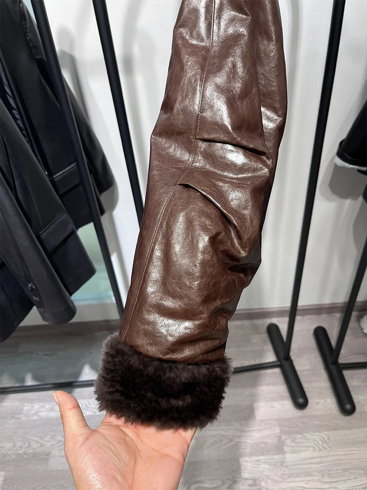 المرأة أوزة أسفل سترة جلد الغنم الحقيقي سترة الطبيعية ميرينو الأغنام الفراء طوق معطف قصير فاخر دافئ سترة منفوخة #6