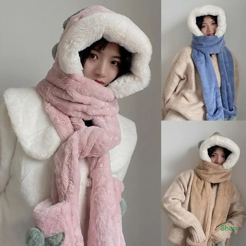 Dropship One-piece Wrap Warm Plush Hat Scarf Gloves One-piece Women Winter Thickened Hat Scarf Gloves To Keep Warm