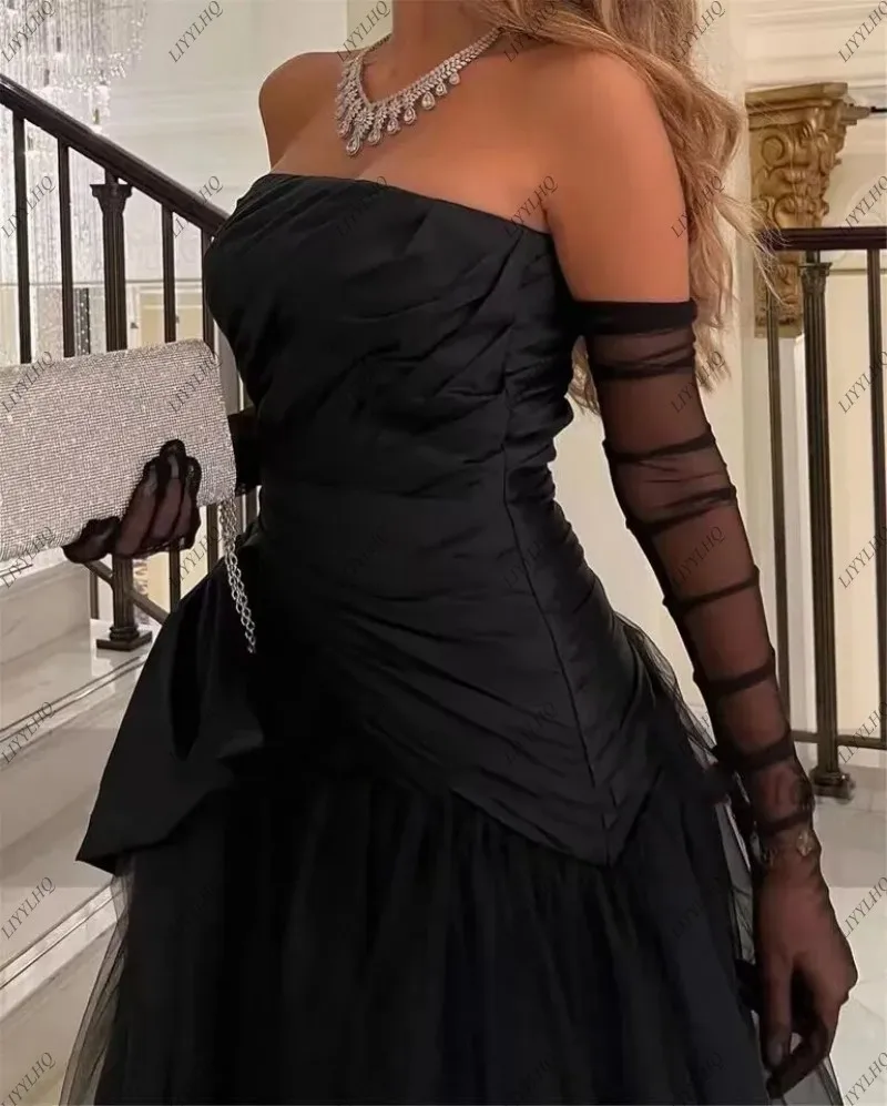 LIYYLHQ Saudi Arabia Black Prom Dresses Formal Dress A Line Stain Tulle Long Strapless Evening Gowns Princess Wedding Party Gown