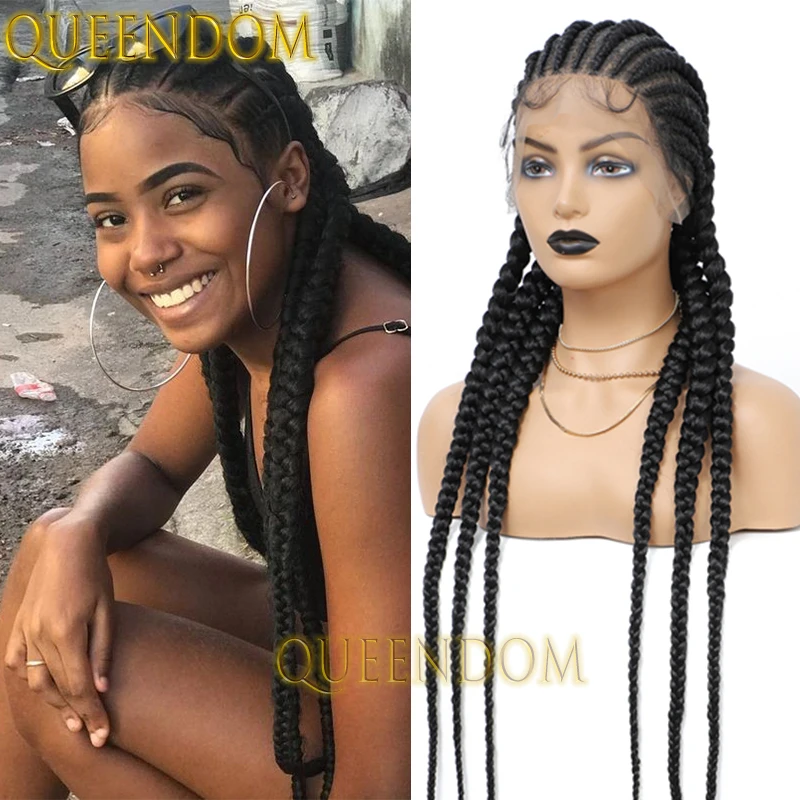 Synthetic Full Lace Braids Wig 36 Inch Jumbo Box Braided Goddess Wig Knotless Dutch Twins Cornrow Plait Braid Wig For Afro Women