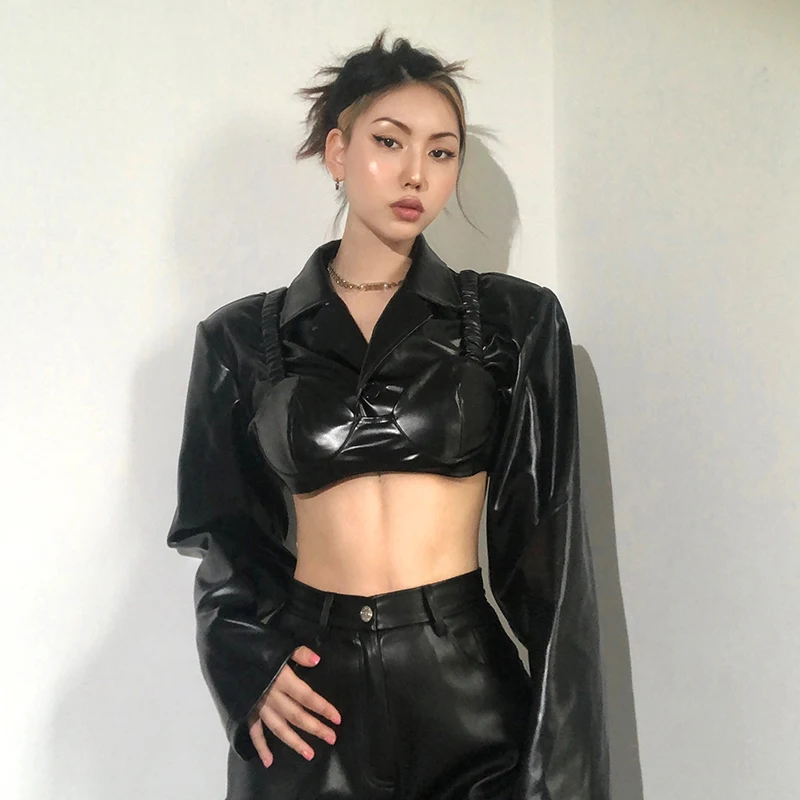 New Chic Girls Bra Top + Jacket 2 Pieces Suit Motobiker Chic Crop Top Harajuku Black Gothic YK2 Yuppie Stage Guitar Drums Dance