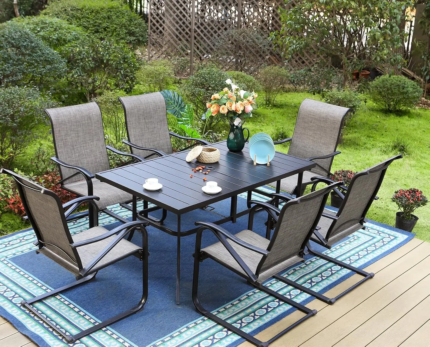 

Patio Dining Set 7 Pieces Patio Set for 6 Patio Dining Table and 6 x C Spring Motion Chairs Textilene