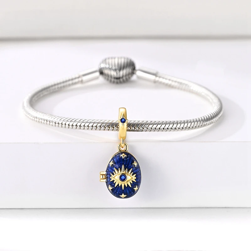 Vergoldeter Oster-Ei-Anhänger mit Öffnbaren Augen, 925 Sterling Silber, CZ Zirkon, Passend für Original-Armbänder, DIY-Schmuckgeschenk – Detail 7