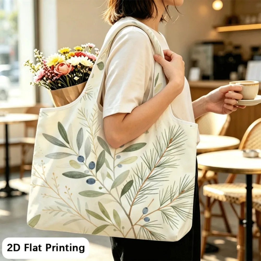 Olives mingle with pine sprigs Student‑friendly foldable tote shoulder bag, lightweight & practical.