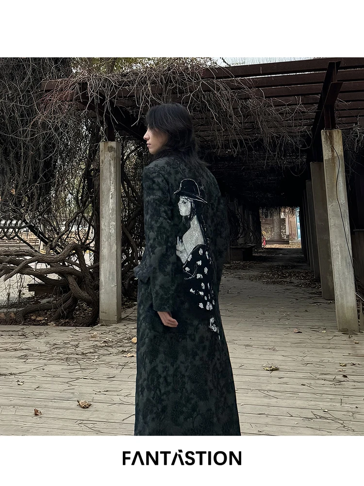 

FANTASTION Original design The silhouette of a girl printed Vintage loose jacket Casual Trench coat oversized jackets Overcoats