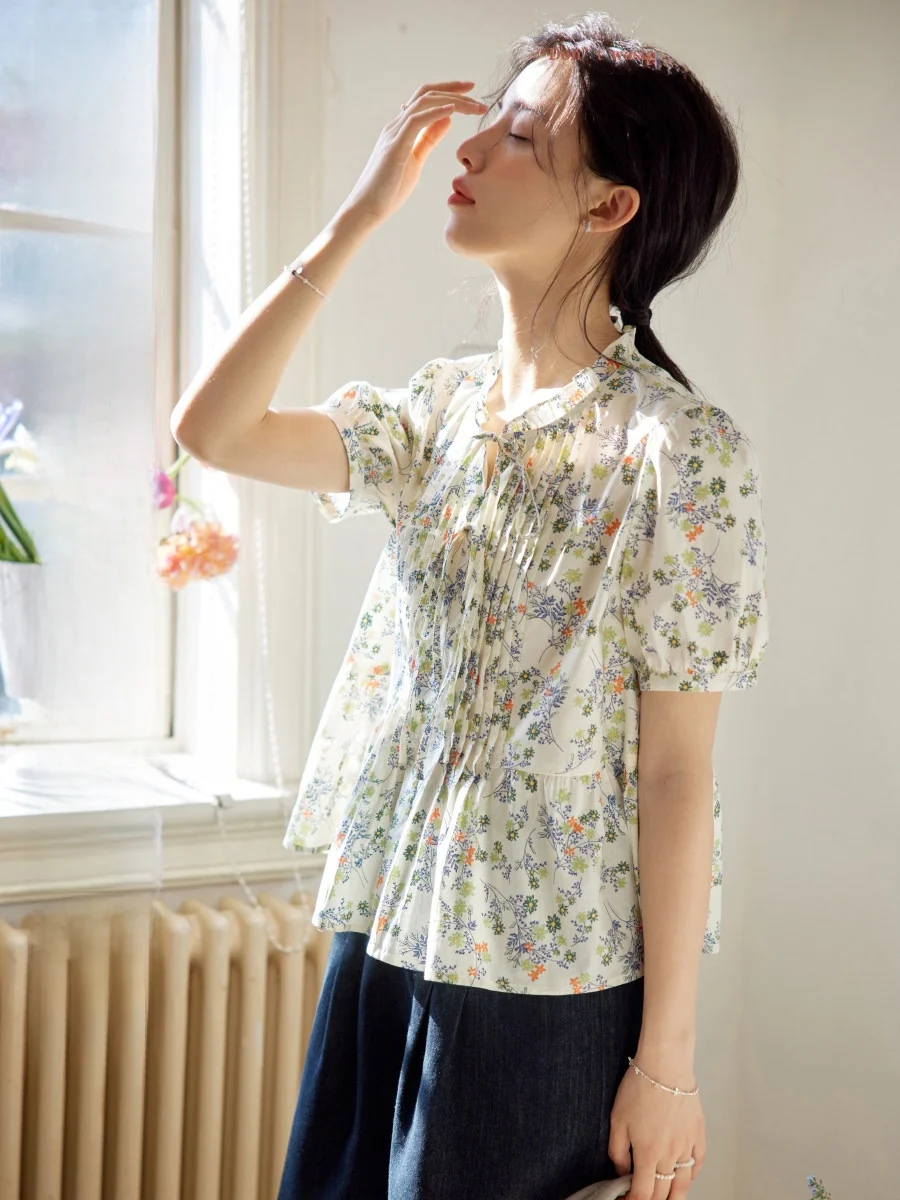 

Женский летний новый топ с цветочным принтом и завязками на деревянном узле, хлопковый топ в стиле ретро для поездок на работу Sle ort Sve