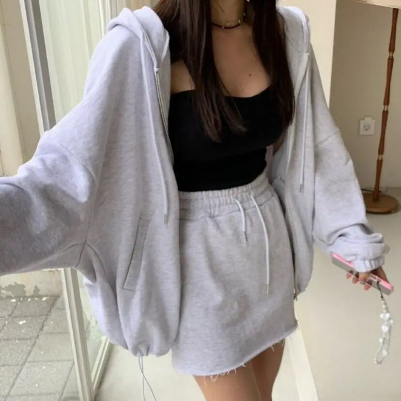 

Dongda Gate Women's Loose oulder Open Cardigan Sweatirt High Waist ort Skirt Set Two Piece Set Fem Casual Sportswear