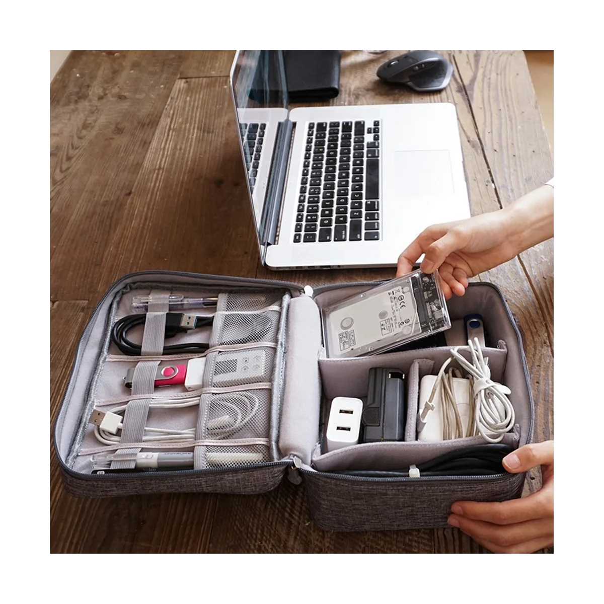 Bolsa de armazenamento multifuncional para cabo de dados, bolsa digital, energia móvel e armazenamento de fones de ouvido, preto, 3 camadas