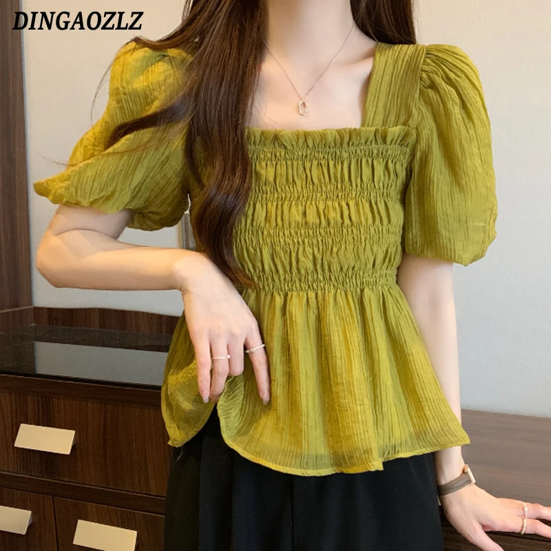 

French Style Square Collar Women Shirt Summe Bubble Short Sleeve Chiffon Blouse Slim Waist Pleated Ruffles Casual Tops