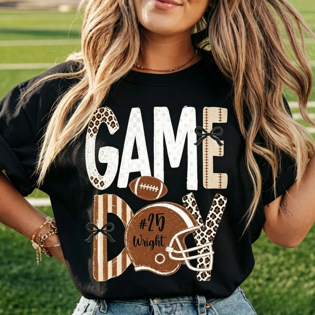 Game Day Football T Shirt Women Leopard Bow Helmet Graphic Tee Casual Sports Team Streetwear Daily Wear Vintage Fashion Top