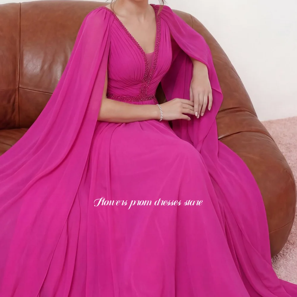

Flowers Fuchsia Evening Dress Beading Prom Dress Cape Sleeve Party Dress A Line Formal Occasion Dress for Women Customized
