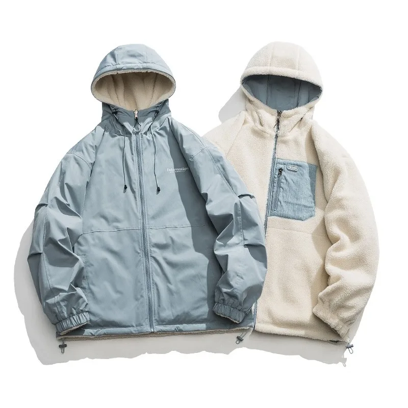 Mens Reversible Padded Winter Jacket Hooded Zip Front Long Sleeve Loose Fit Fleece Casual Coat for Cold Weather Everyday Wear