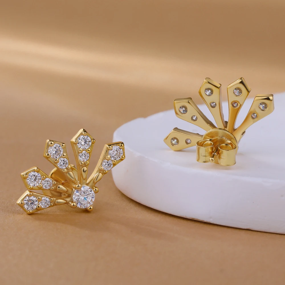18K Gold Plated Full Moissanite Earrings For Women D Color Lab Diamond S925 Silver Jewelry Fan‑Shape Ear Stud Anniversary Gifts