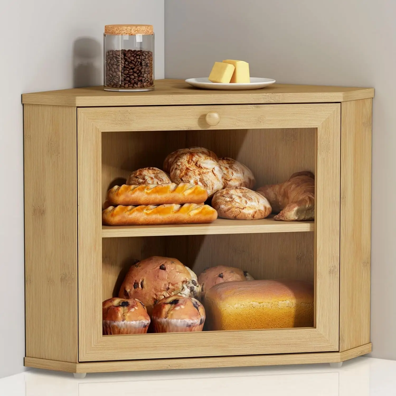 

2-Tier Bamboo Corner Bread Box, Farmhouse Kitchen Counter Storage for Bread, Fruit & Snacks