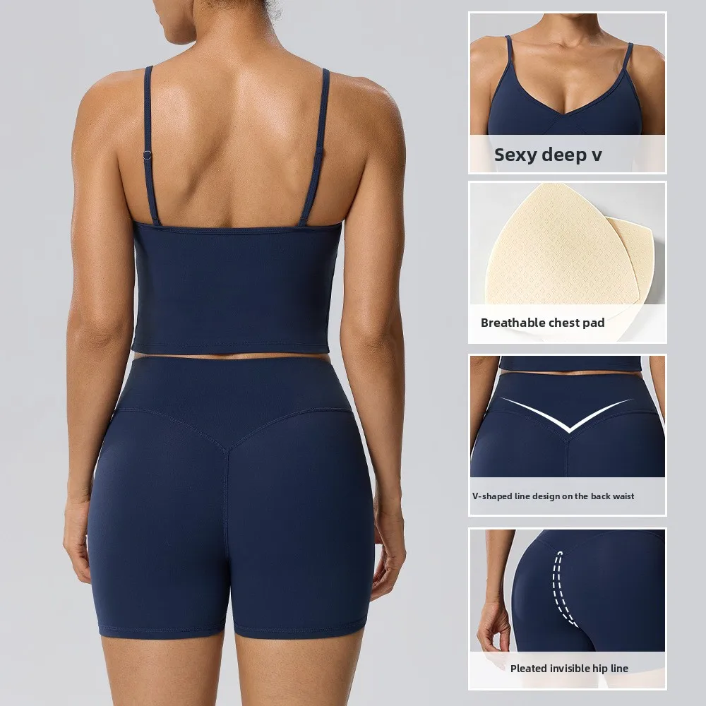 Sportswear Tight Fitting Nude sexy Deep V-Vest Invisible Hip Lifting Shorts Three Quarter Underwear with Chest Cushion, yoga Set