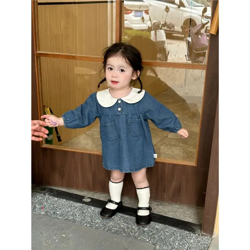 Spring Girls Casual Dresses Cute Loose Denim Long Sleeve Soft Cowboy Dress Princess Kids Dresses for Girls Clothes