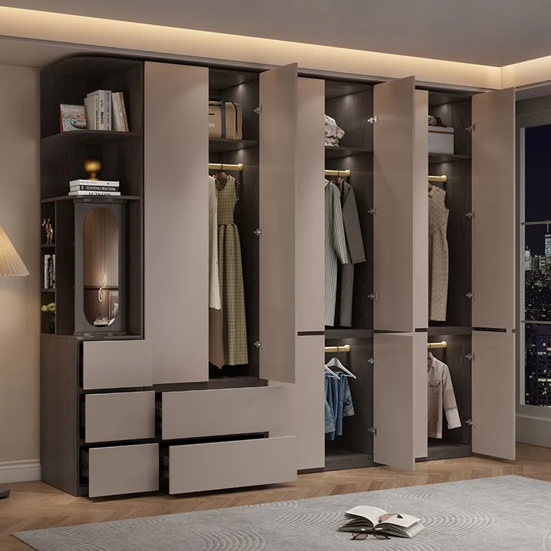 Customizable home bedroom wardrobe with segmented hinged doors, minimalist gray wooden design.