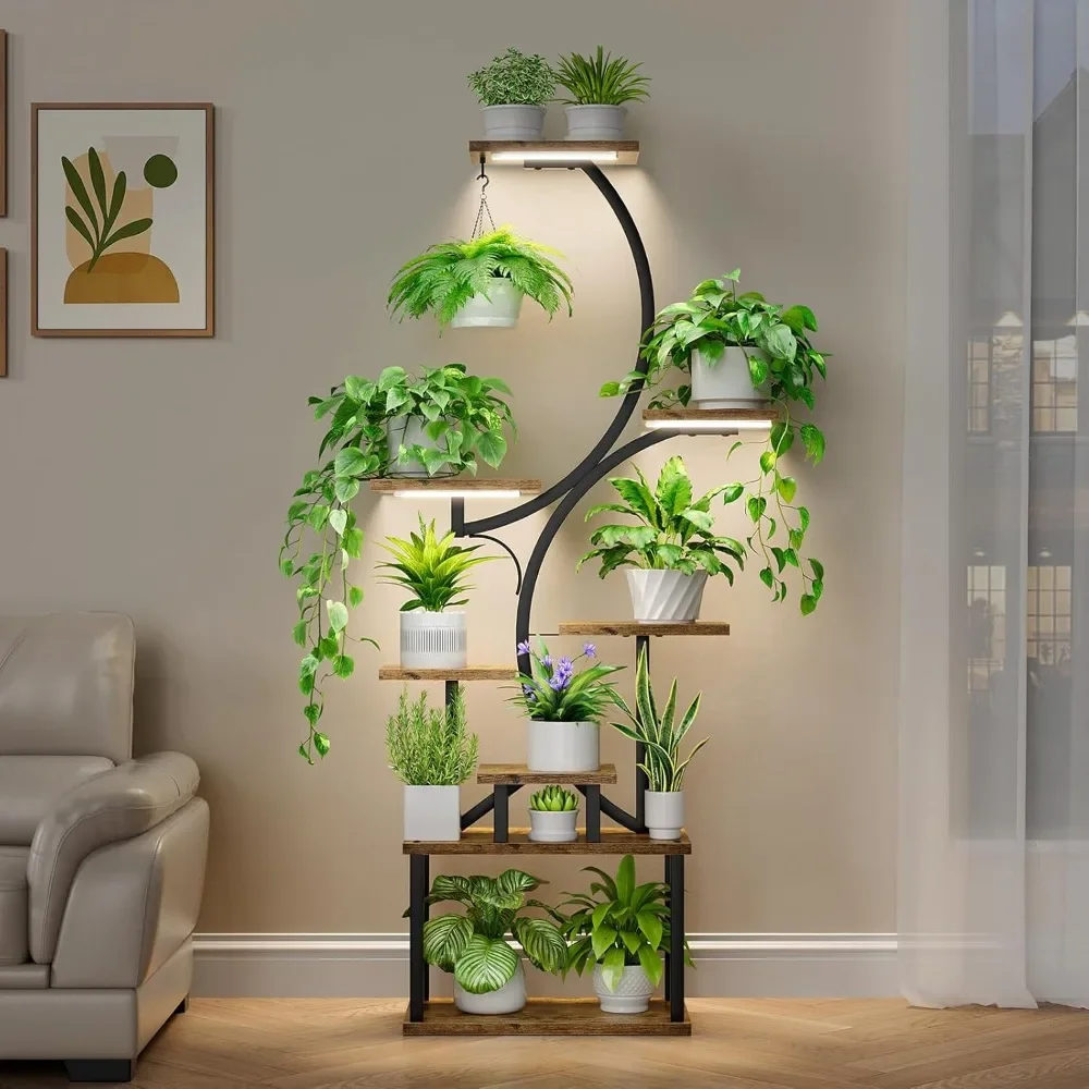 Suporte para plantas interno com luzes de cultivo, prateleira para plantas internas em camadas, suporte alto de 62", suporte para flores de plantas de metal