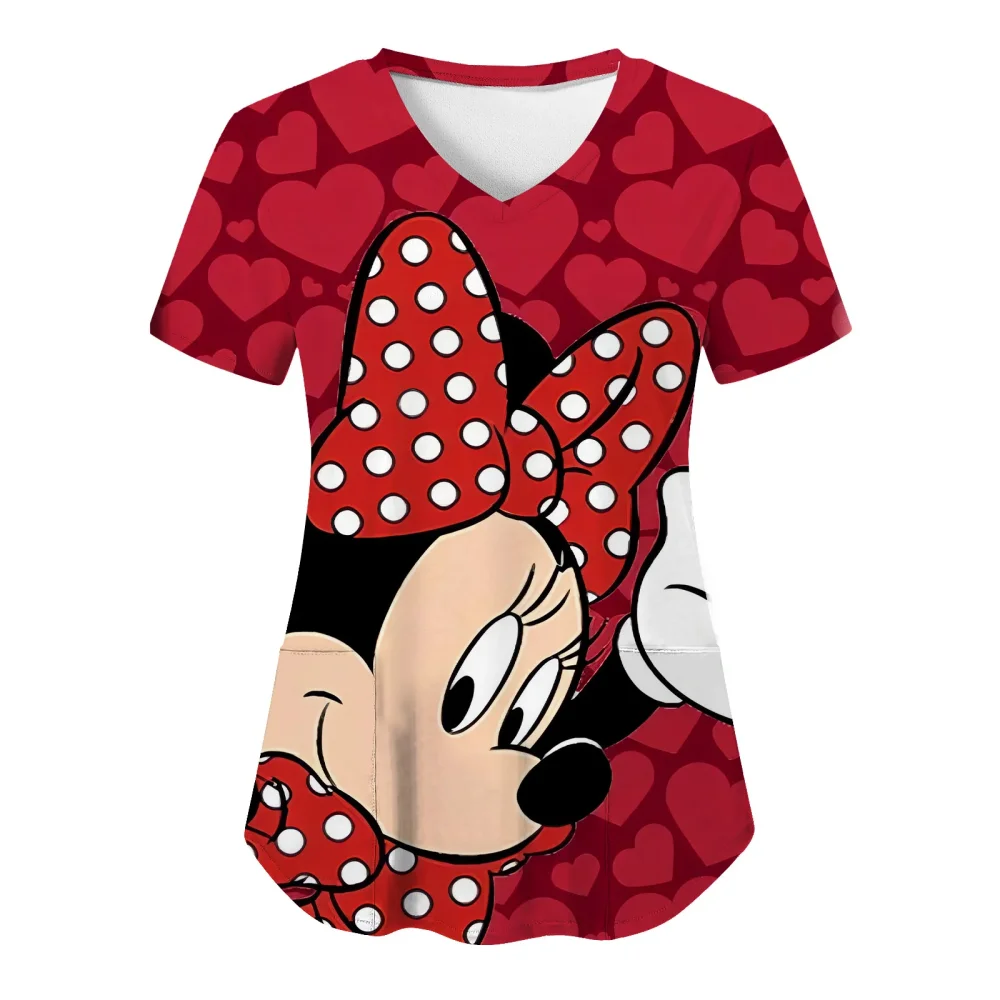 T-shirt d\'uniforme d\'infirmière d\'hôpital pour femmes, haut Disney Minnie Mouse, vêtements à col en V avec poches, t-shirts pour