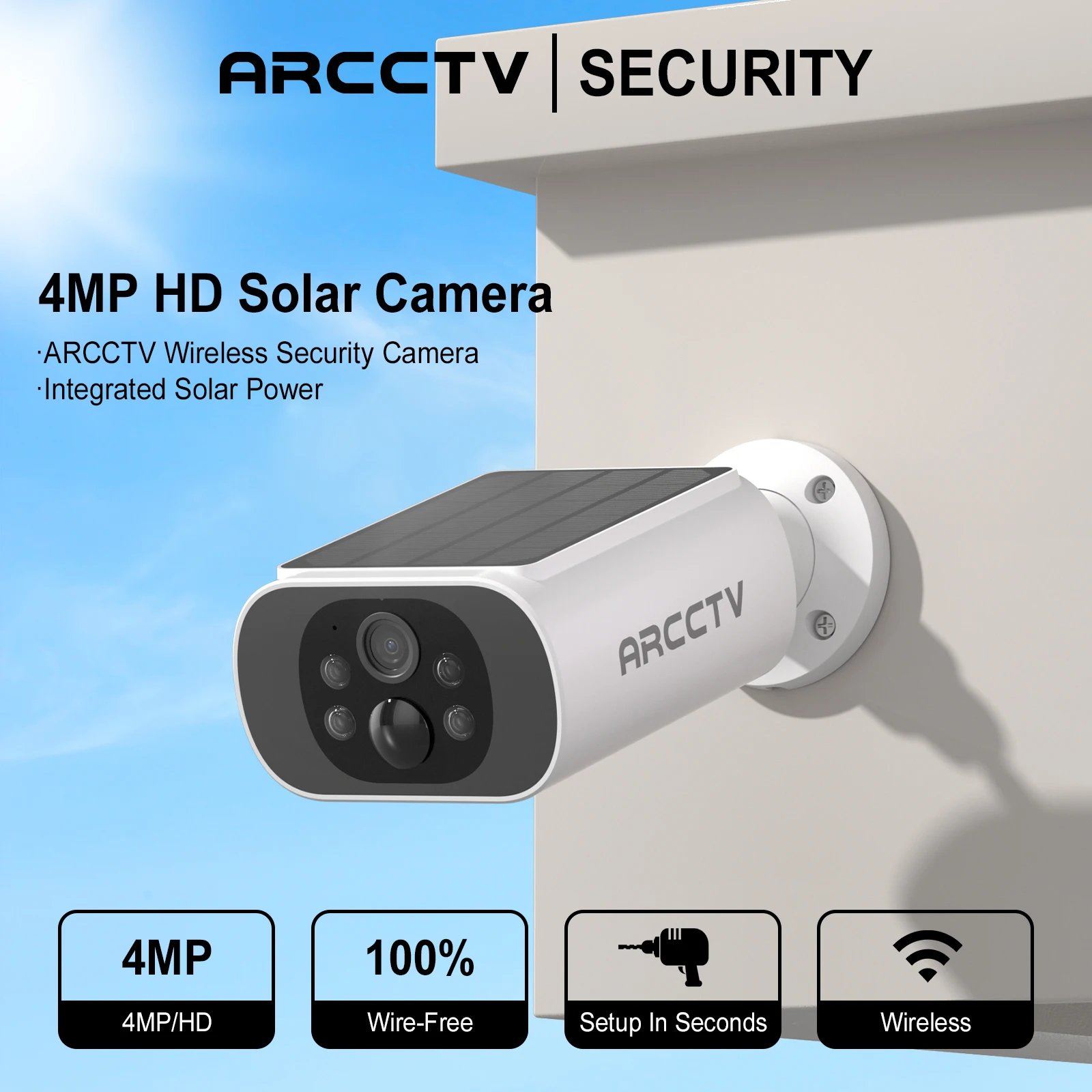 ARCCTV 2K كاميرا شمسية لاسلكية مراقبة خارجية بطارية متكاملة كاميرا واي فاي كشف الإنسان إنذار فلاش للرؤية الليلية