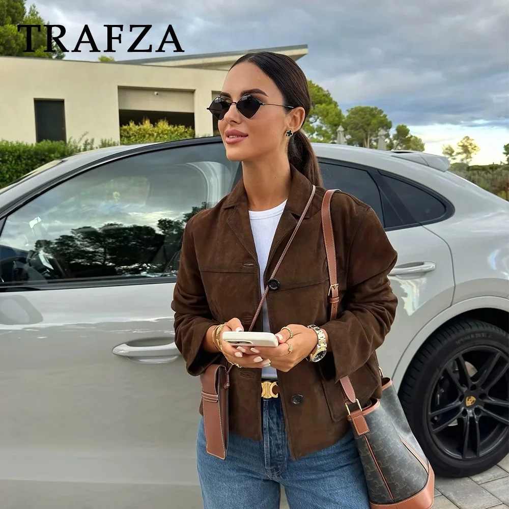 TRAFZA 2024 Autumn Winter Vintage Women Jackets Fashion Casual Solid Spliced Pockets Single Breasted Chic Ladies Short Jackets