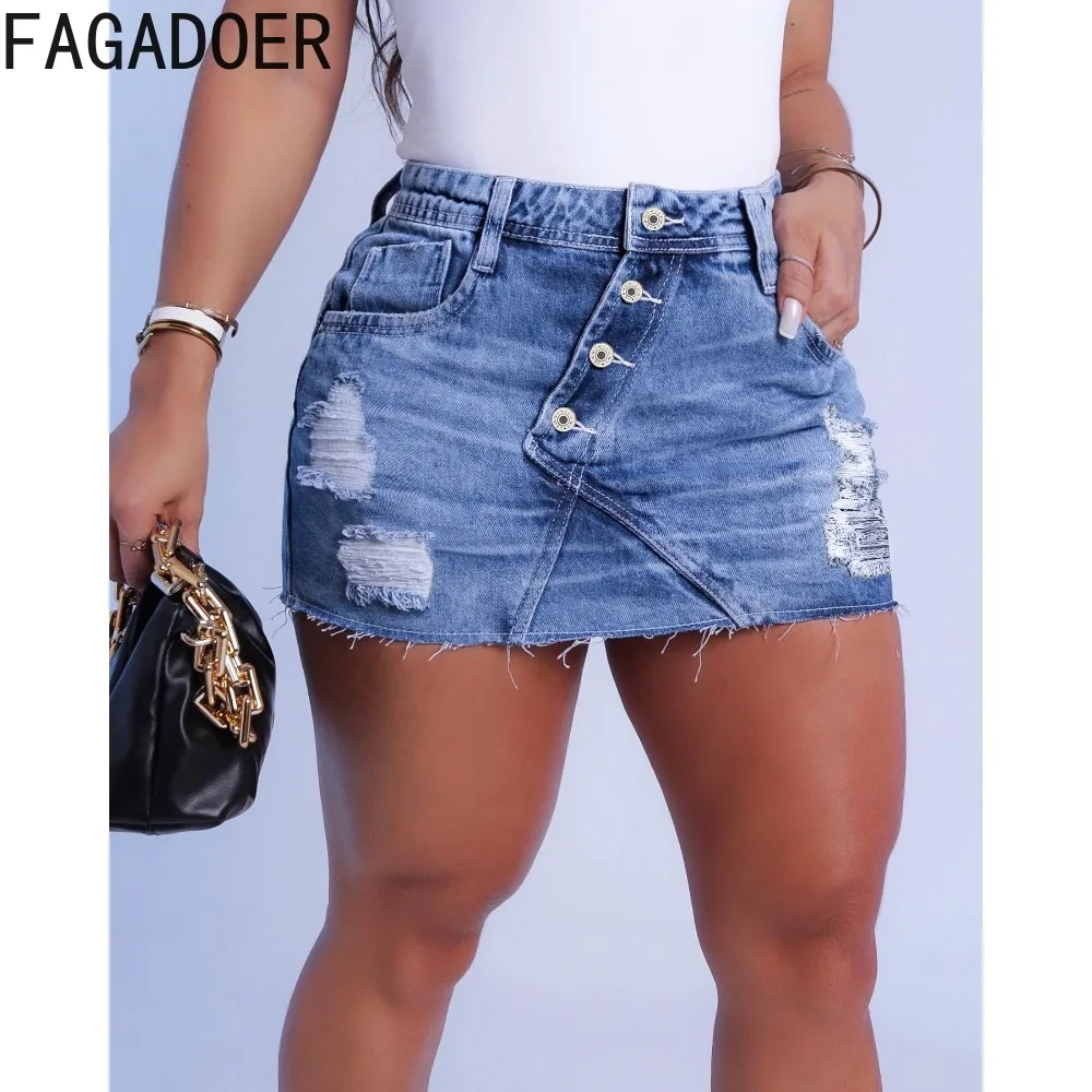 FAGADOER Fashion Hot Girl Streetwear Women High Waist Button Denim Mini Skirts Casual Female Solid Color Matching Cowboy Bottoms