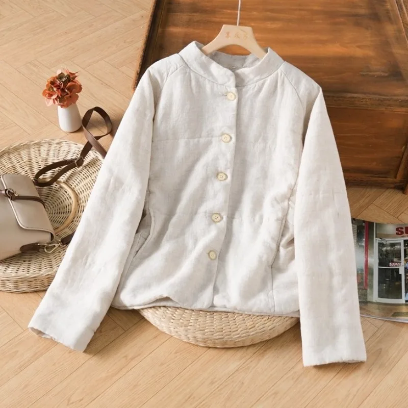 

Thiened Cotton Jaet Women's High Collar Cotton Coat Windproof Artistic Sle Long Sve Regular Fit Winter Outerwear