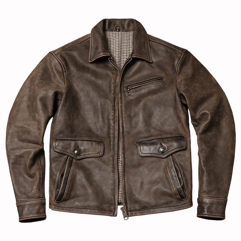 Vintage Braun Herbst Lederjacke Männer Retro Stil Plus Größe 5XL Echtes Natürliches Rindsleder Slim