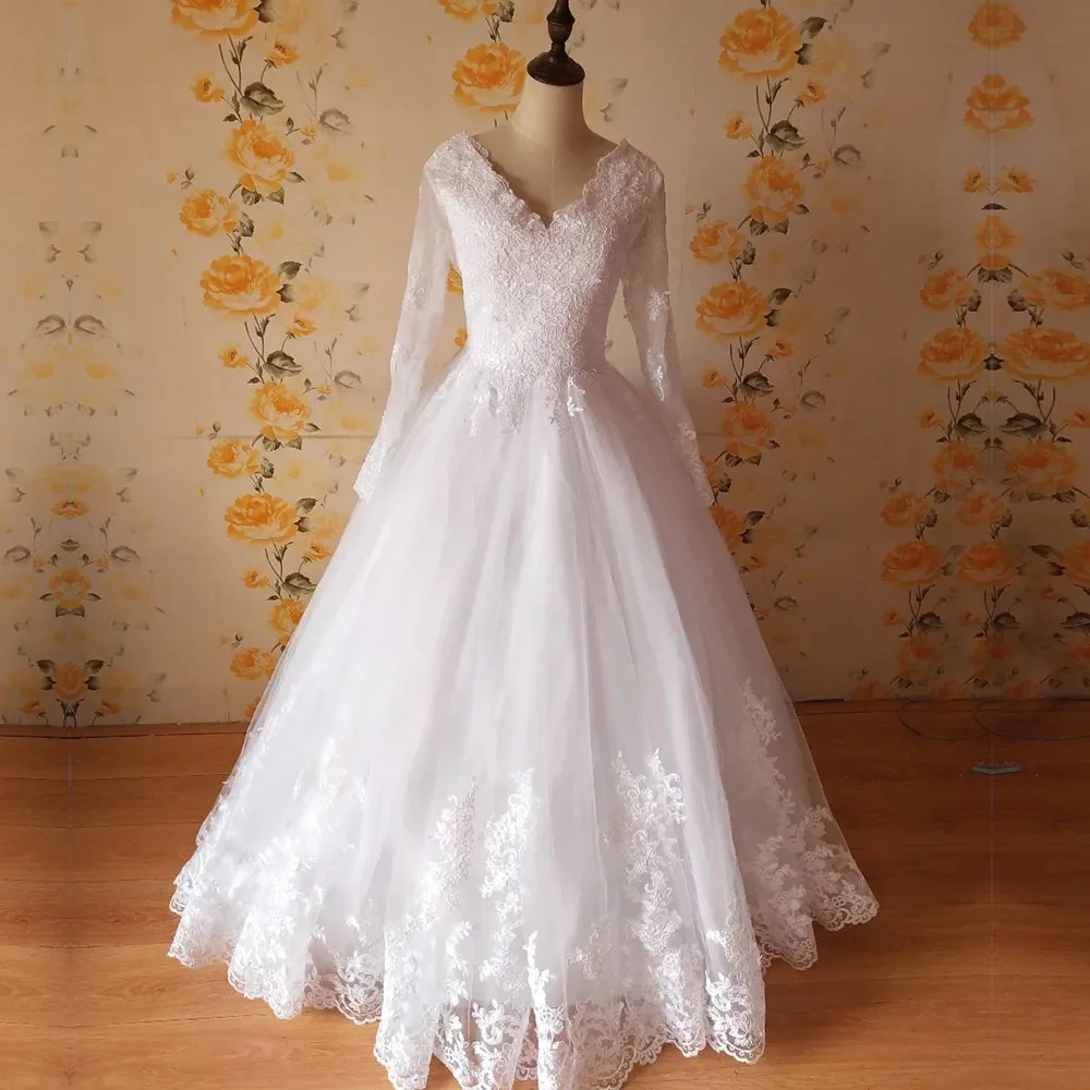 Customized ZJ9170 2024 New V neck White Long Sleeve Lace Bottom Vintage Wedding Dresses For Brides Plus Size Maxi Size