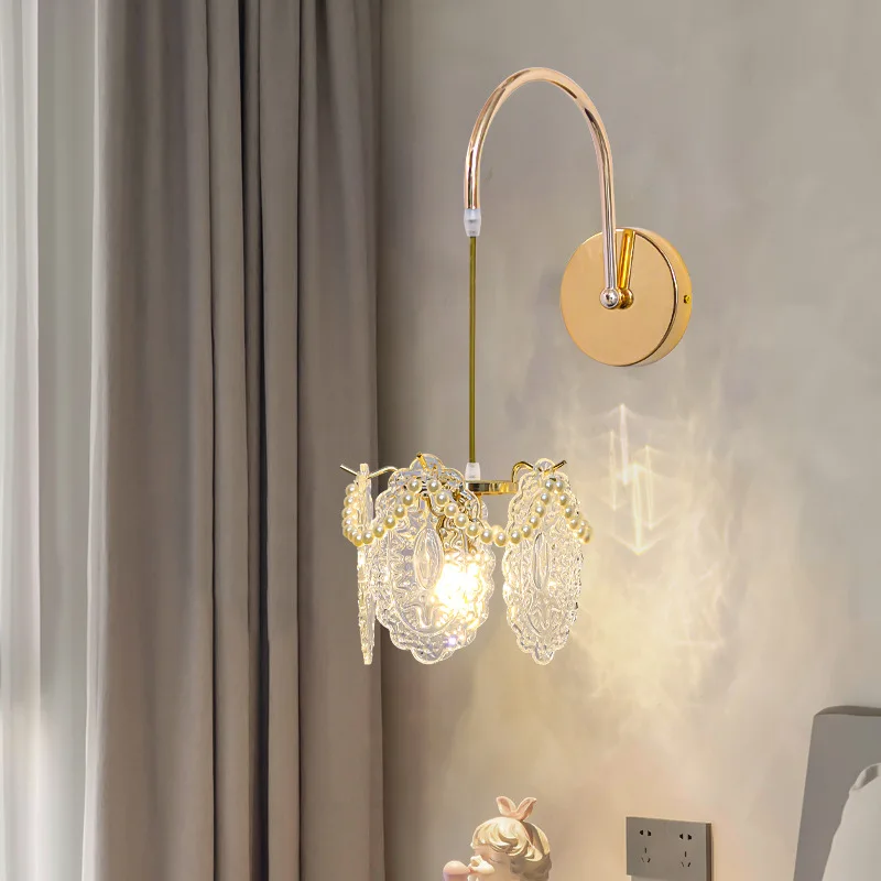French bedroom wall lamp living room background wall Internet celebrity warm romantic high-end glass bedside lamp indoor