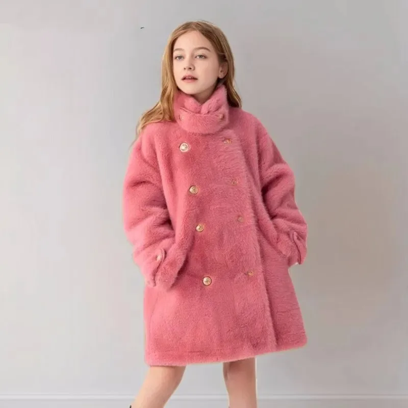 ZOETOPKID Winter Warm Girls Fashion Double-Breasted Cotton Lined Faux Fur Jackets School Kid Thick Coat Children Outfit