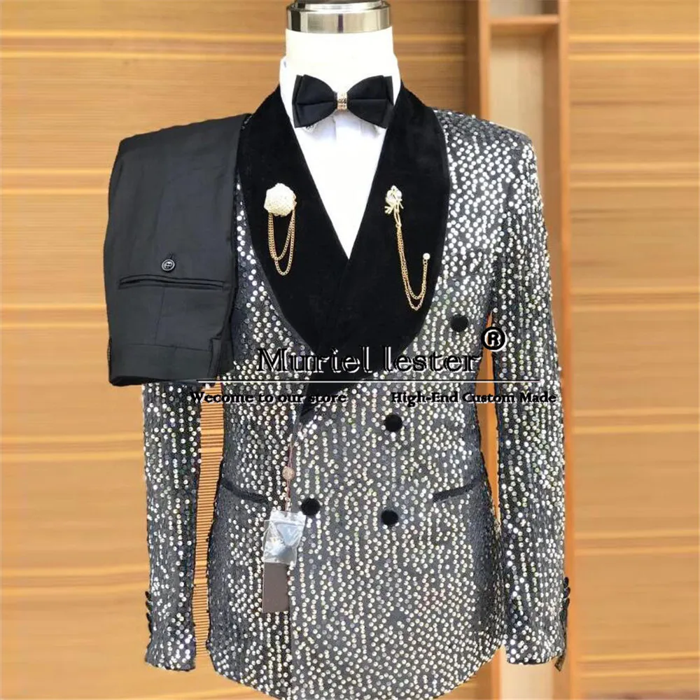 Exclusive Sequins Suits Men For Wedding Black Velvet Jacket Pants 2 Pieces Groom Wear Man Tuxedo Formal Business Office Clothing