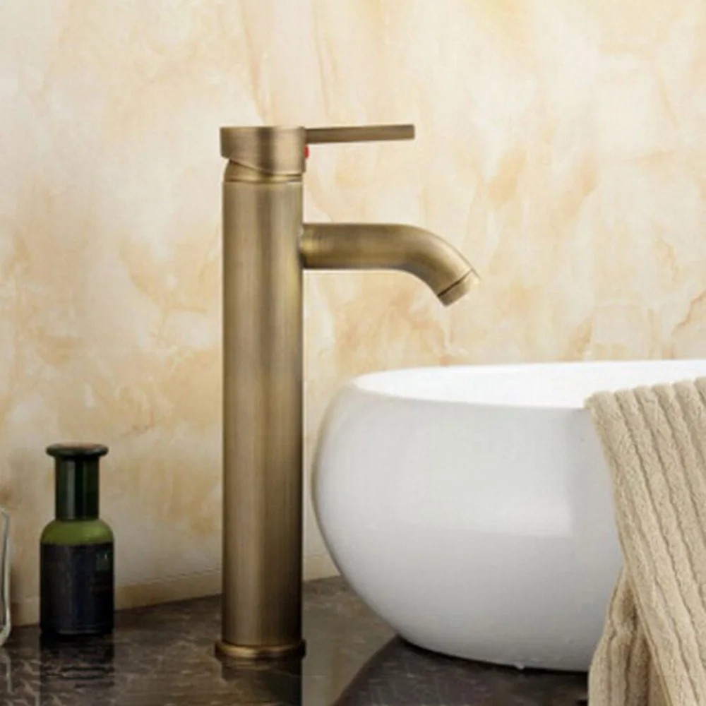 

Античный латунный смеситель для раковины в ванной комнате, смеситель для холодной и горячей воды, монтируемый на палубе, с одним отверстием и ручкой, высокий стиль Nan012