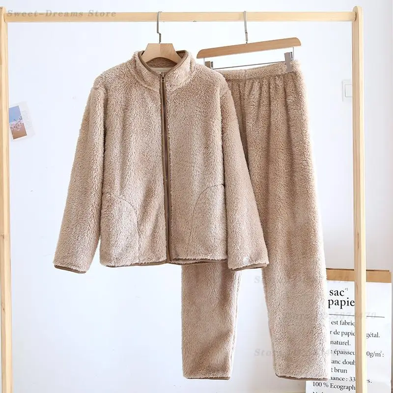 

Thicken Coral Fleece Pajamas Suit Women Long Sleeve Zip Top Pants Autumn Winter Warm Sleepwear Nightwear Casual Home Clothes Pjs